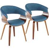 Vintage Mod Dining Accent Chair in Walnut Wood & Blue Fabric (Set of 2)